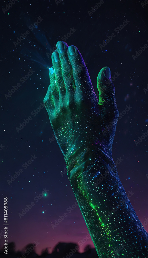The sleeve of a shiny green glove on a blue starry sky background, vertical photo The sleeve of a shiny green glove on a blue starry sky background, vertical photo