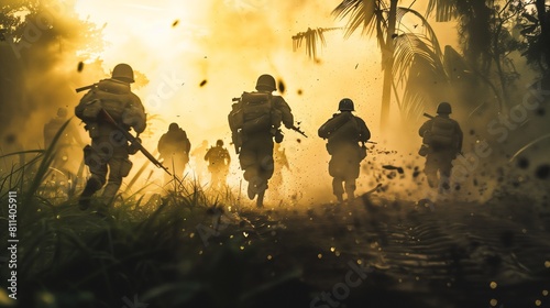 soldiers in a jungle with a rifle amidst smoke
