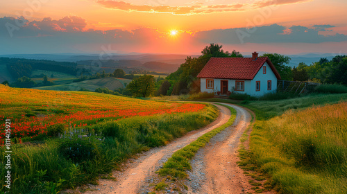 house in the countryside in a beautiful sunset, with nature, a beautiful and warm landscape.