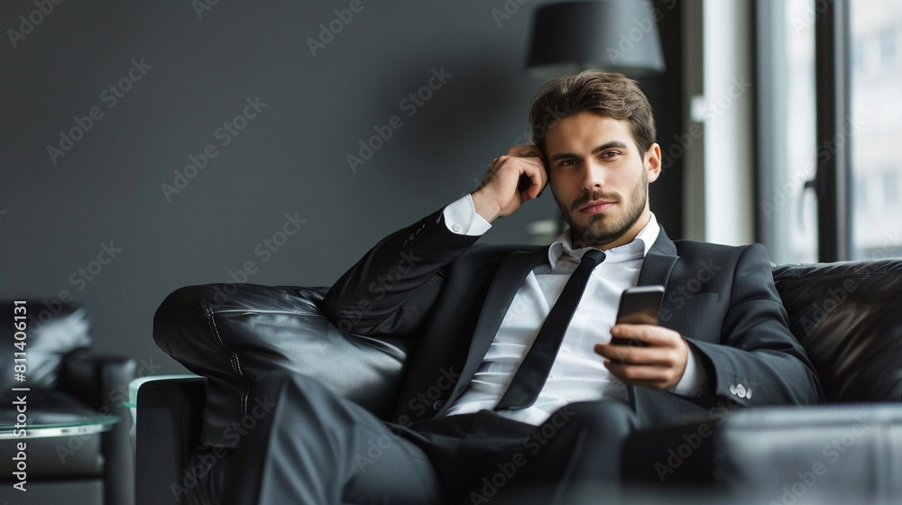 Confident businessman sitting in his office with a phone in his hands Confident businessman sitting in his office with a phone in his hands