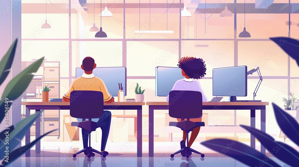 Two office workers working in the office at their computers Two office workers working in the office at their computers