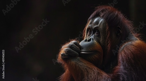 A captivating image of an orangutan deep in thought, resting its head on clasped hands against a dark backdrop