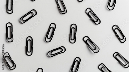 Lots of black paper clips on a white background