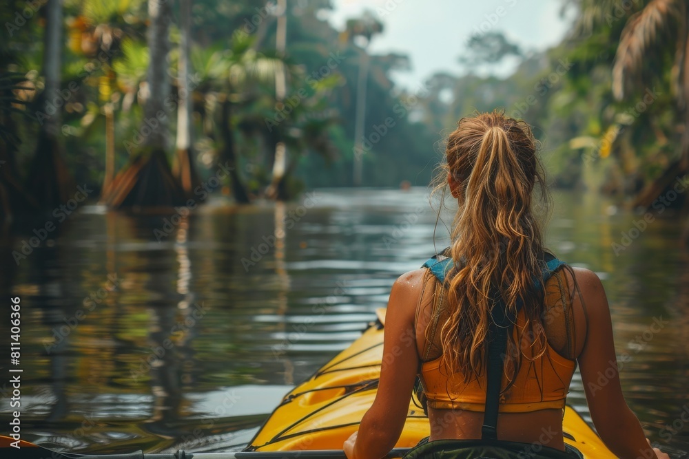 An adventurous woman kayaking through a calm river surrounded by lush tropical forest reflects a sense of exploration and tranquility An adventurous woman kayaking through a calm river surrounded by lush tropical forest reflects a sense of exploration and tranquility