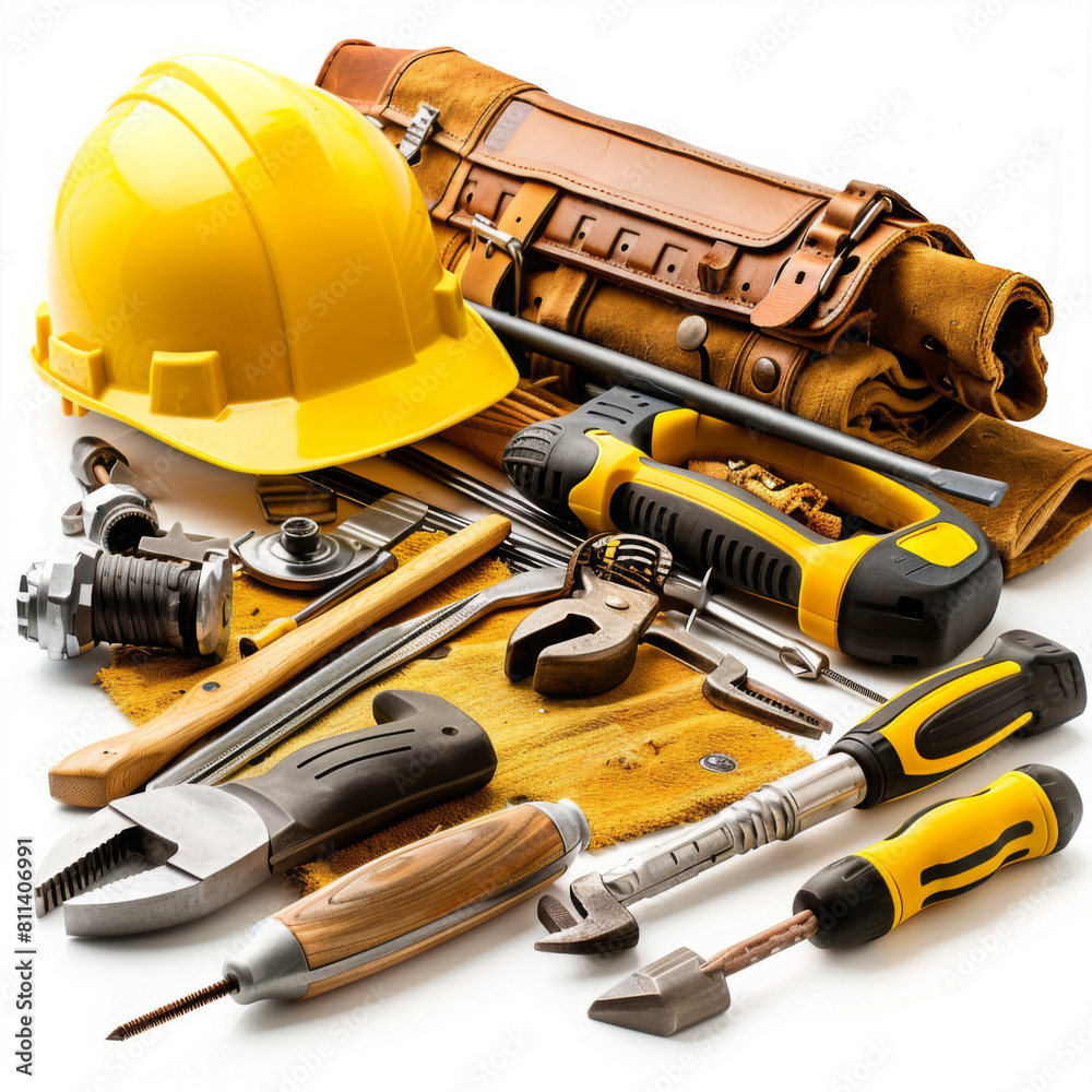 Assorted hand tools for construction and a yellow safety helmet, neatly arranged on a white background.