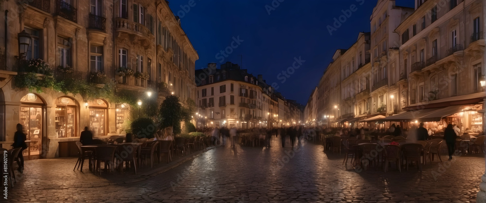 European street with outdoor cafes at night