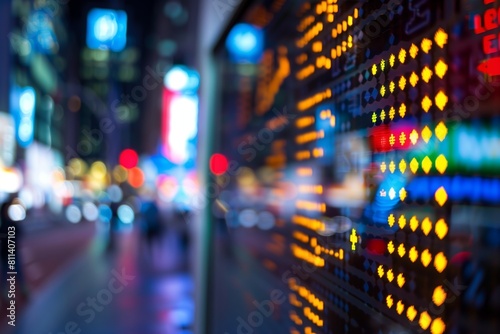 This image captures the essence of the stock market with a backdrop of vibrant blurred city lights, symbolizing the fast-paced nature of finance photo