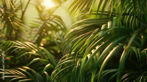 A close-up photograph capturing the intricate details of jungle foliage with soft lighting