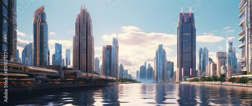 Futuristic city skyline with waterfront