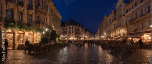 European street with outdoor cafes at night
