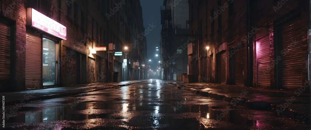 Deserted urban street on rainy night