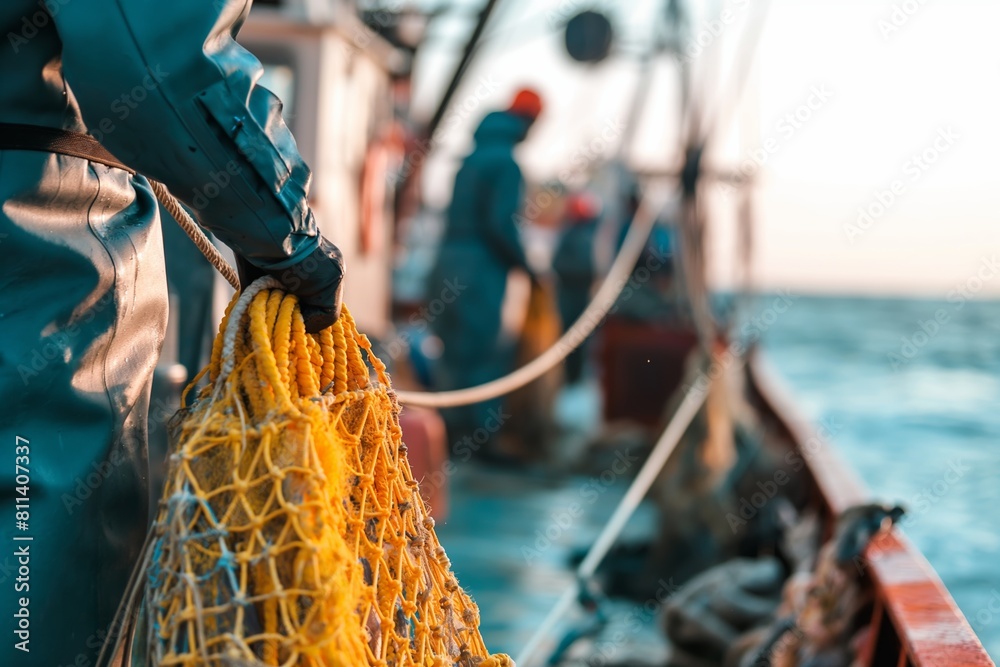 A close-up of a brightly colored yellow fishing net on the side of a fishing vessel at sea