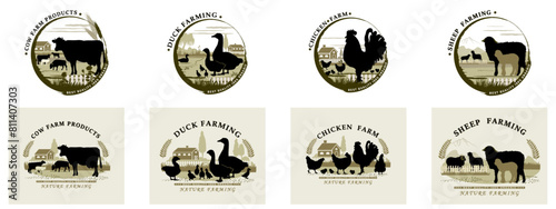 Set of frames with farm objects and domestic animal silhouettes and text for product labels. Vector illustration.   © Евгений Горячев