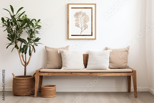 Wooden bench with pillows and wall picture, enhancing interior design