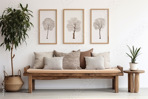Wooden bench with pillows and wall picture, enhancing interior design