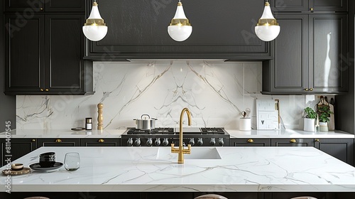 Chic and Up-to-date Kitchen featuring Stylish Monochrome Cabinets, Golden Hardware, and Marble Backsplash. photo