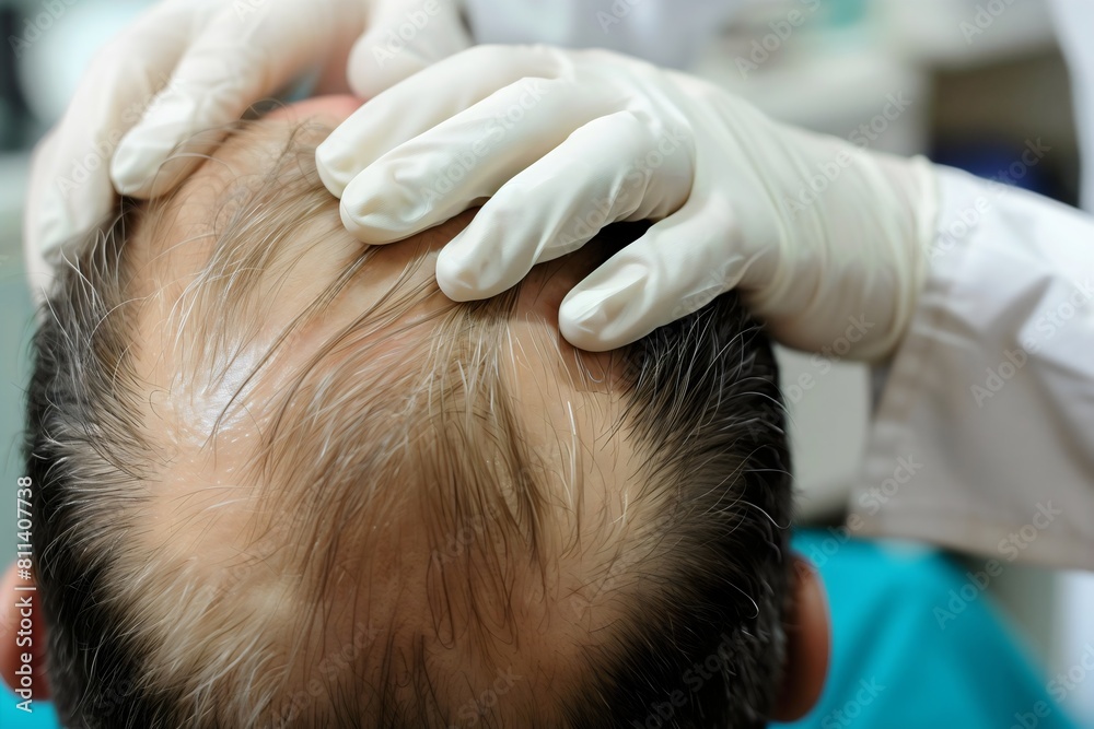 Mans head being examined by dermatologist, genetic hair fall alopecia treatment, male pattern baldness