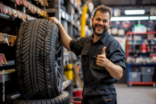 Mechanic smiling replacing car tire in auto repair shop garage with thumbs up gesture