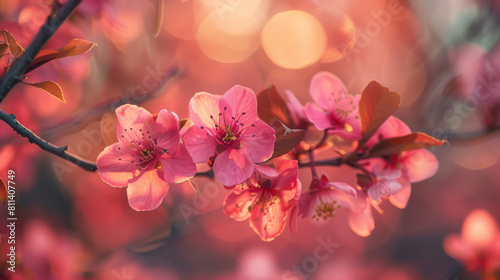 Vibrant pink blossoms blooming on branches against a soft  glowing background.