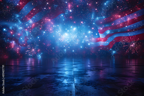 American Flag colors and fireworks mockup background with copy space . 4 July independence day concept celebration