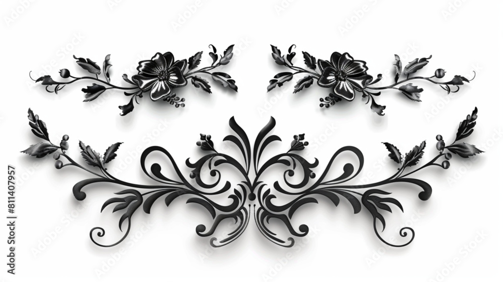 Decorative dividers. Hand drawn floral ornament, text divider, flower border, flourish arrow, foliage wreath, curly branch 3D avatars set vector icon, white background, black colour icon