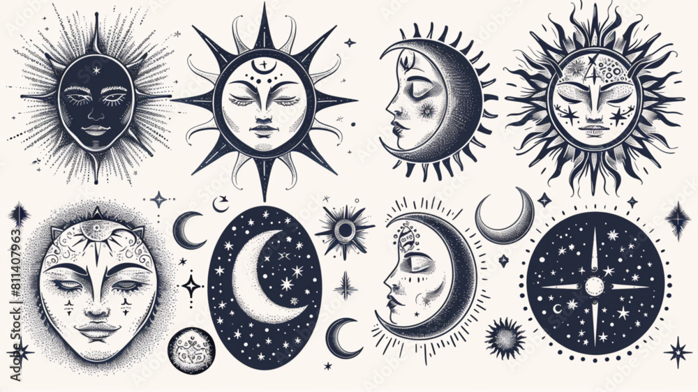 Decorative dividers. Hand drawn sun and moon ornament, text divider