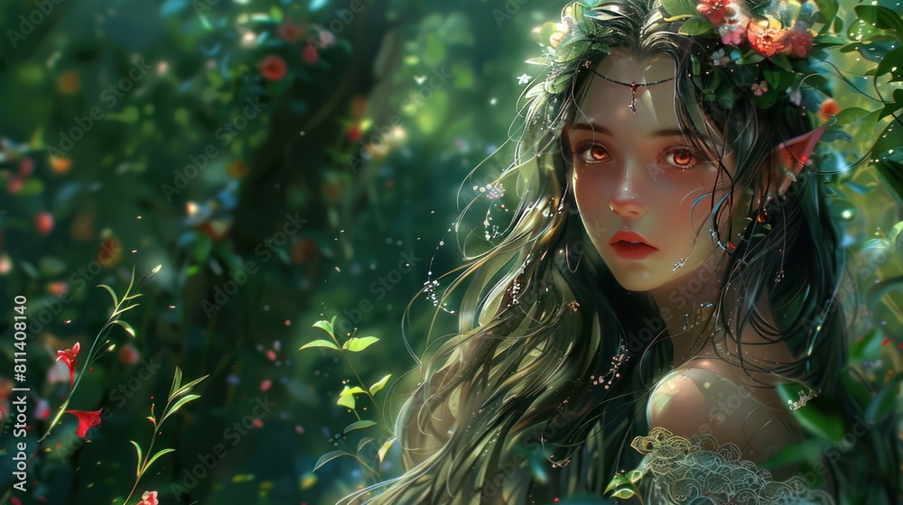 Beautiful face of elf girl princess with red eyes with beautiful flowers in the forest wallpaper AI generated image