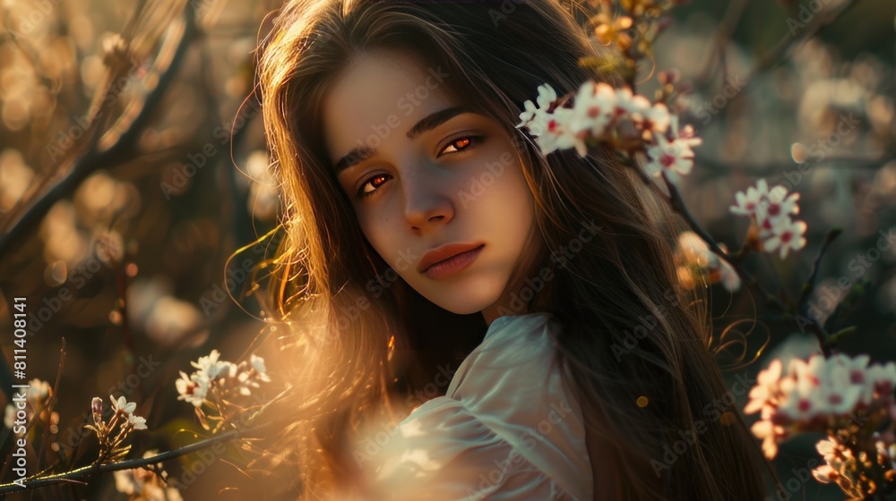 Beautiful face of elf girl princess with red eyes with beautiful flowers in the forest wallpaper AI generated image Beautiful face of elf girl princess with red eyes with beautiful flowers in the forest wallpaper AI generated image