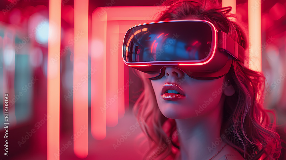 Immersed in the metaverse, a woman wears VR virtual reality goggles, embodying futuristic living, blending technology seamlessly with everyday life Immersed in the metaverse, a woman wears VR virtual reality goggles, embodying futuristic living, blending technology seamlessly with everyday life