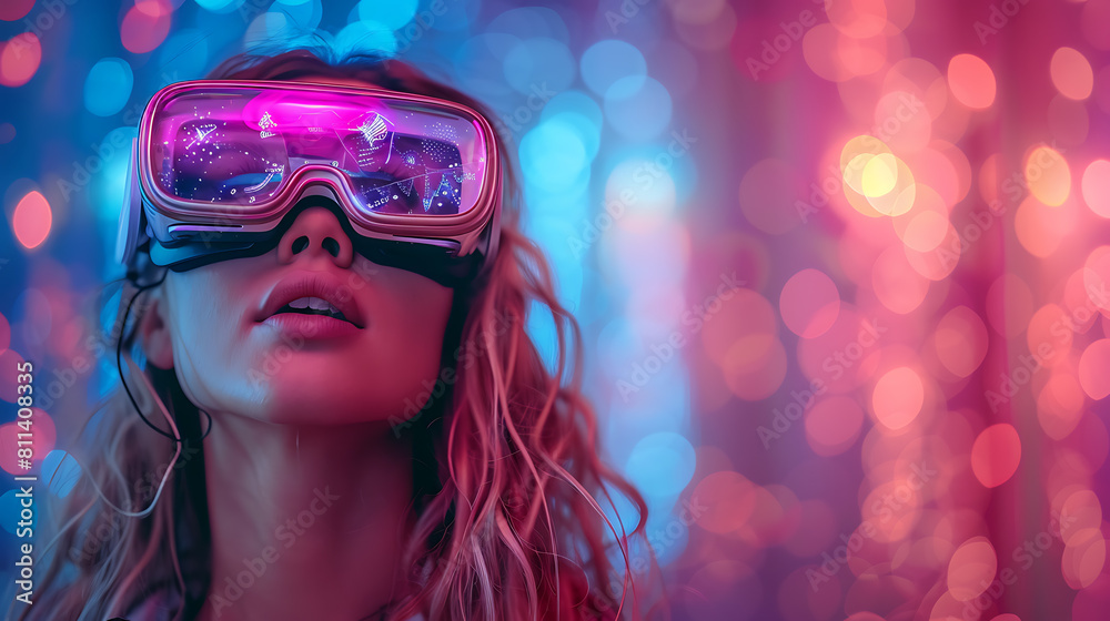 Immersed in the metaverse, a woman wears VR virtual reality goggles, embodying futuristic living, blending technology seamlessly with everyday life Immersed in the metaverse, a woman wears VR virtual reality goggles, embodying futuristic living, blending technology seamlessly with everyday life