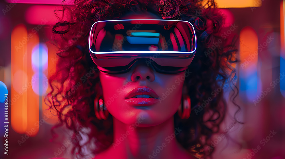 Immersed in the metaverse, a woman wears VR virtual reality goggles, embodying futuristic living, blending technology seamlessly with everyday life