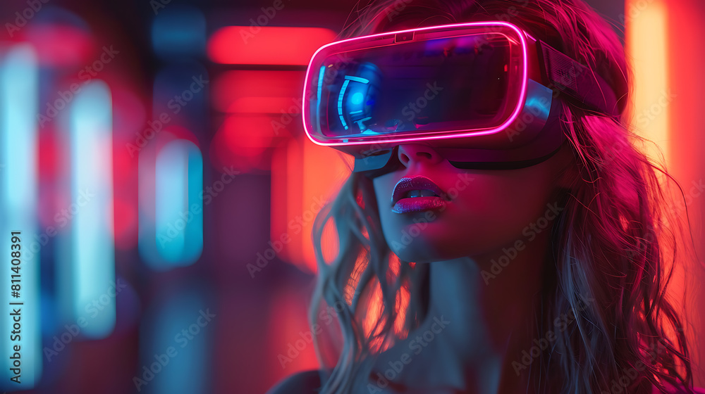 Immersed in the metaverse, a woman wears VR virtual reality goggles, embodying futuristic living, blending technology seamlessly with everyday life Immersed in the metaverse, a woman wears VR virtual reality goggles, embodying futuristic living, blending technology seamlessly with everyday life