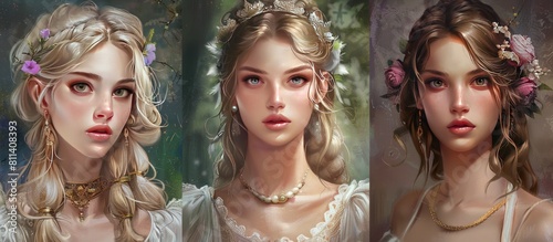 Beautiful fantasy fairy tale elf woman princess portrait collection set wallpaper AI generated image