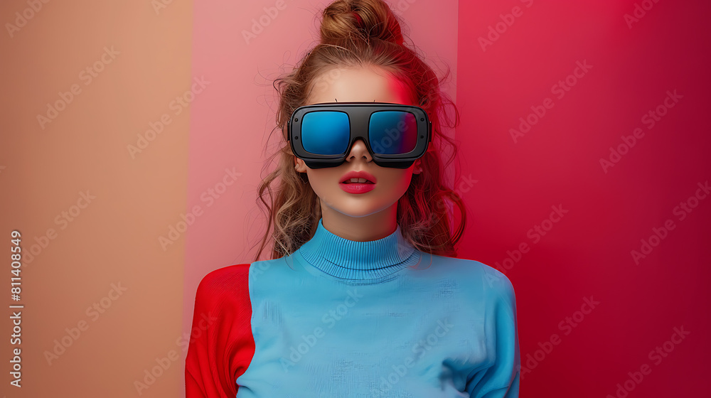 Immersed in the metaverse, a woman wears VR virtual reality goggles, embodying futuristic living, blending technology seamlessly with everyday life Immersed in the metaverse, a woman wears VR virtual reality goggles, embodying futuristic living, blending technology seamlessly with everyday life