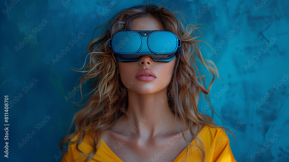 Immersed in the metaverse, a woman wears VR virtual reality goggles, embodying futuristic living, blending technology seamlessly with everyday life Immersed in the metaverse, a woman wears VR virtual reality goggles, embodying futuristic living, blending technology seamlessly with everyday life