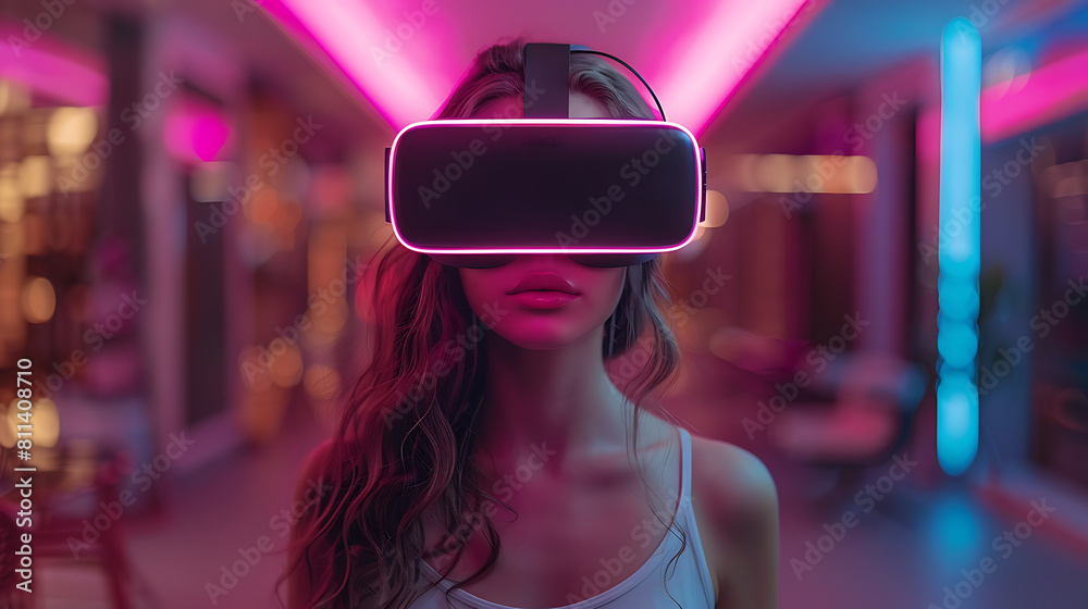 Immersed in the metaverse, a woman wears VR virtual reality goggles, embodying futuristic living, blending technology seamlessly with everyday life Immersed in the metaverse, a woman wears VR virtual reality goggles, embodying futuristic living, blending technology seamlessly with everyday life