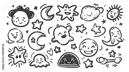  Doodle line design elements. Sketch daily stickers for planner. Cute hand draw speech bubble  decor stars  prints animal signs  weather icon 