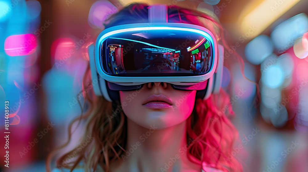 Immersed in the metaverse, a woman wears VR virtual reality goggles, embodying futuristic living, blending technology seamlessly with everyday life Immersed in the metaverse, a woman wears VR virtual reality goggles, embodying futuristic living, blending technology seamlessly with everyday life
