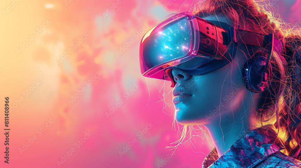 Immersed in the metaverse, a woman wears VR virtual reality goggles, embodying futuristic living, blending technology seamlessly with everyday life Immersed in the metaverse, a woman wears VR virtual reality goggles, embodying futuristic living, blending technology seamlessly with everyday life