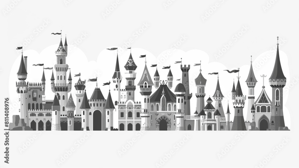
Fairy tale castles. Cartoon magic kingdom palace. Royal house. Fabulous medieval high building with tower and citadels