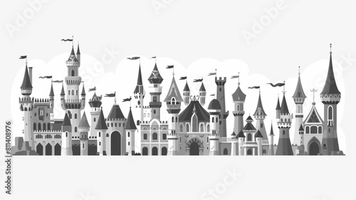  Fairy tale castles. Cartoon magic kingdom palace. Royal house. Fabulous medieval high building with tower and citadels