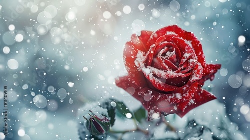 Fototapeta Naklejka Na Ścianę i Meble -  Red rose among the snowflakes