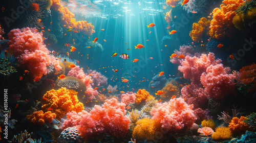 Vibrant colored corals in ocean water  great for marine life websites  educational materials  travel brochures  and environmental conservation content.