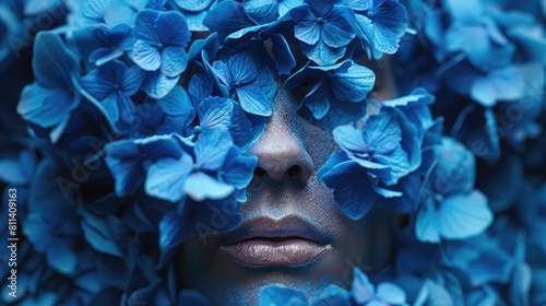 A creative illustration with vivid blue flowers artistically arranged to conceal a blurred human face photo