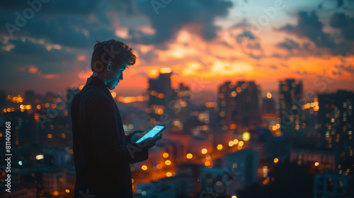 A young man stands using his smartphone with a vivid city skyline at night as the backdrop. © khonkangrua