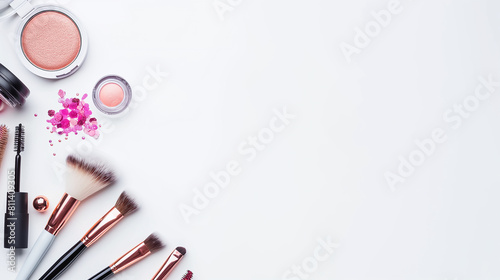 Professional Makeup Artist Tools and Cosmetics, An Elegant Display of Beauty Products on a White Background with copy text space 