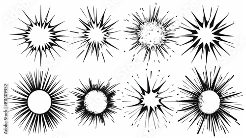  Hand-drawn rays and explosion. Doodle brush ornament lines and surprise symbol. Sun burst, shocked frame, shine starburst elements on white background