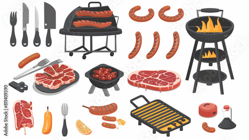 grill, steak, sausages in flat style on white background vector 3D avatars set vector icon, white background, black colour icon