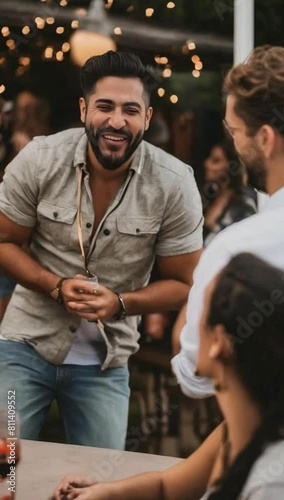 A Hispanic man laughing with friends at a party award winning photogr photo