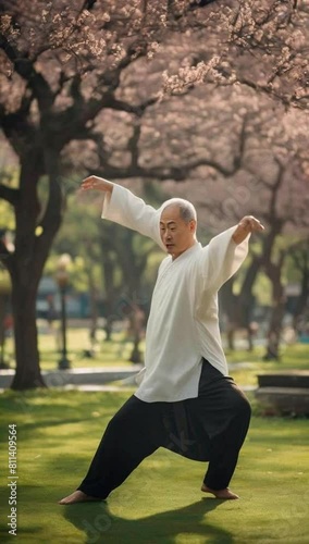 A East Asian man practicing tai chi in a park award winning photograp photo